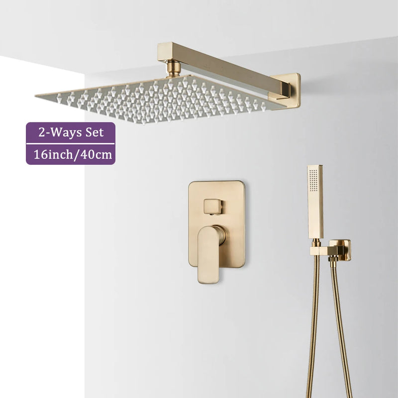 Douche Encastrable Or Brossé 2 ou 3 Voies, Pommeau Carré 20 à 40 cm