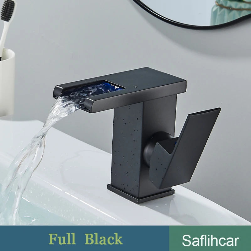 Mitigeur Lavabo Cascade LED Noir, Doré ou Chromé, Bec Court ou Haut
