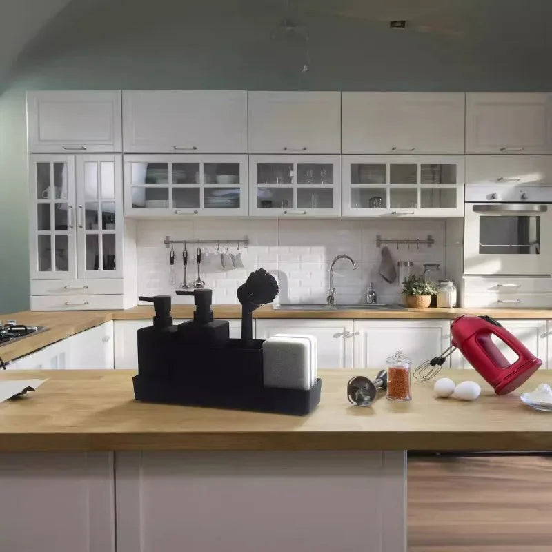 Distributeur de Savon Cuisine Double avec Plateau, Porte-Éponge et Brosse