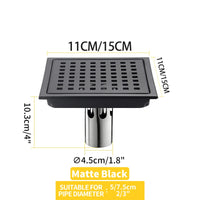 Caniveau de Douche Carré Anti-Odeur Inox 304, Grille 11 ou 15 cm