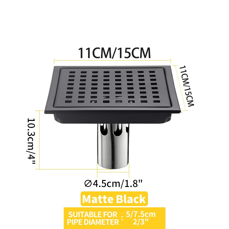 Caniveau de Douche Carré Anti-Odeur Inox 304, Grille 11 ou 15 cm