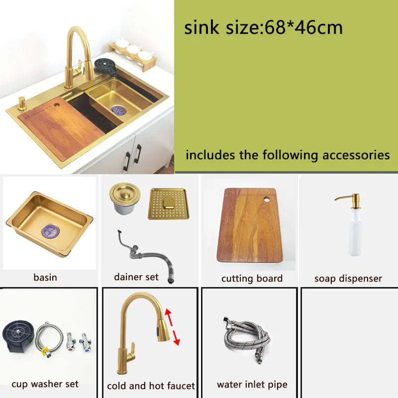 Évier Cuisine Inox 304 Doré Brossé 1 Bac Multifonction, 68 ou 75 cm