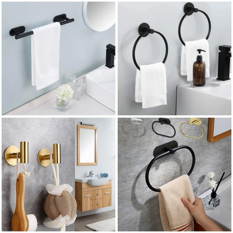 Accessoires Salle de Bain Adhésifs Sans Perçage Noir, Doré ou Argent à la Pièce, 24 Articles