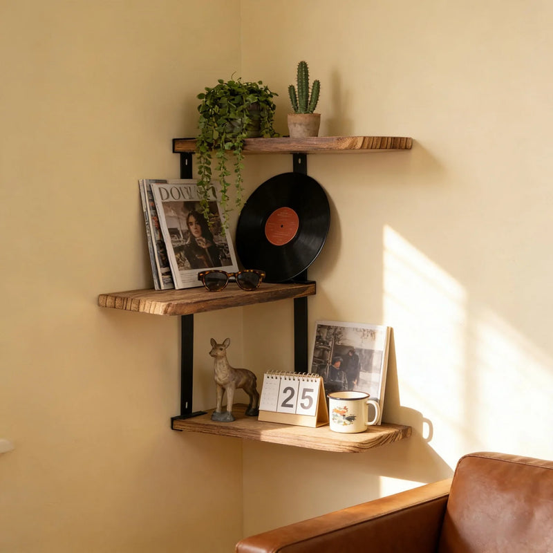 Étagère d'Angle Murale 3 Niveaux Bois et Métal Noir, 44 cm