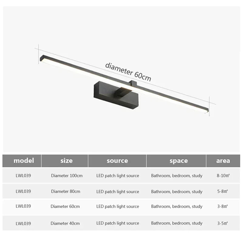 Applique Salle de Bain LED Noire ou Blanche, 40 ou 60 cm
