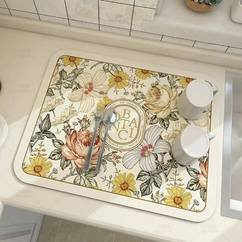 Tapis Égouttoir Vaisselle Diatomite Absorbant à Motifs Fleuris