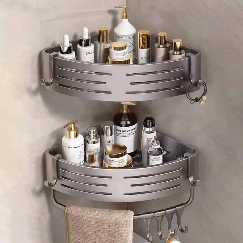 Étagère d'Angle de Douche Aluminium Sans Perçage, 1 ou 2 Niveaux