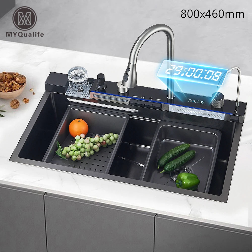 Évier Cuisine Inox 80 cm Cascade Affichage Digital, Gris ou Doré
