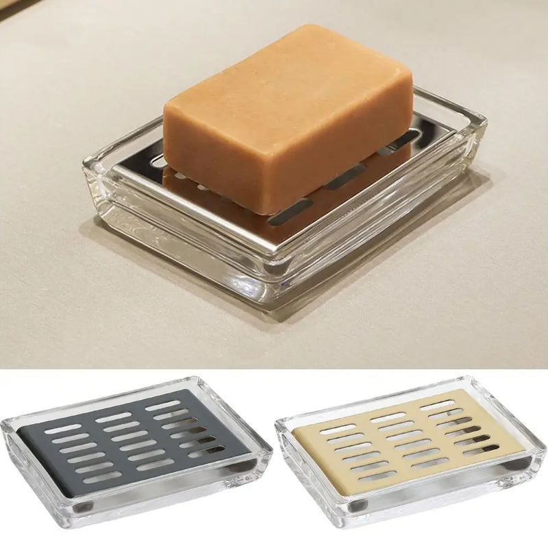 Porte-Savon Verre et Inox Auto-Drainant Rectangulaire, Doré, Noir ou Argent