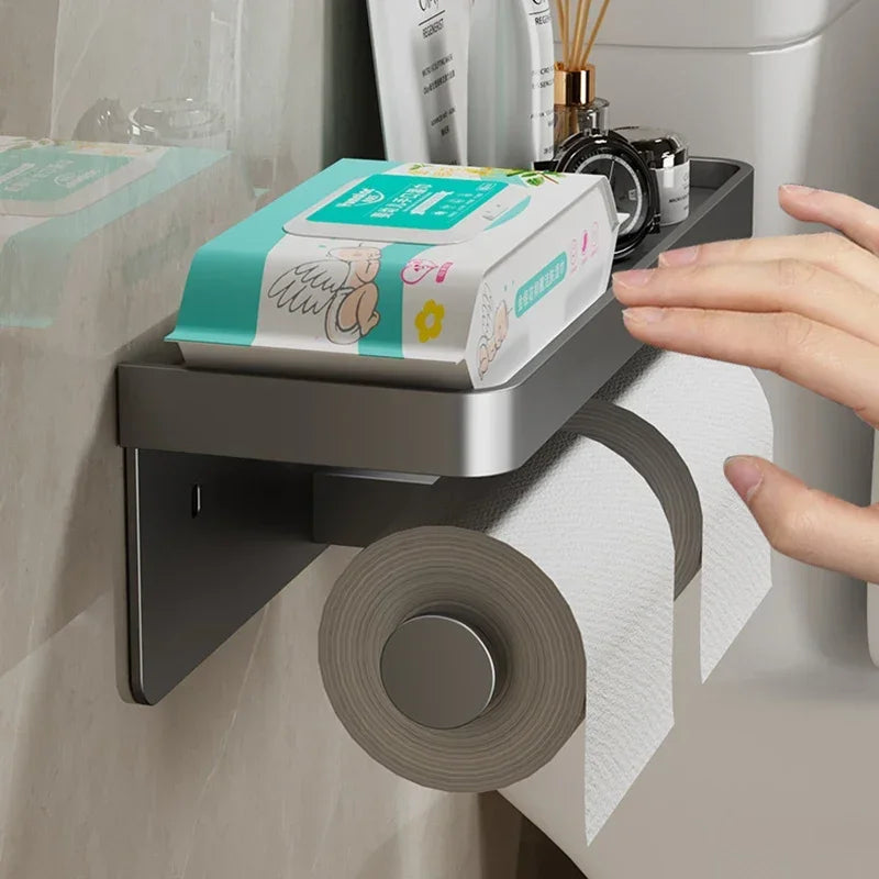 Porte-Papier Toilette avec Tablette Aluminium Noir ou Gris, 1 ou 2 Rouleaux