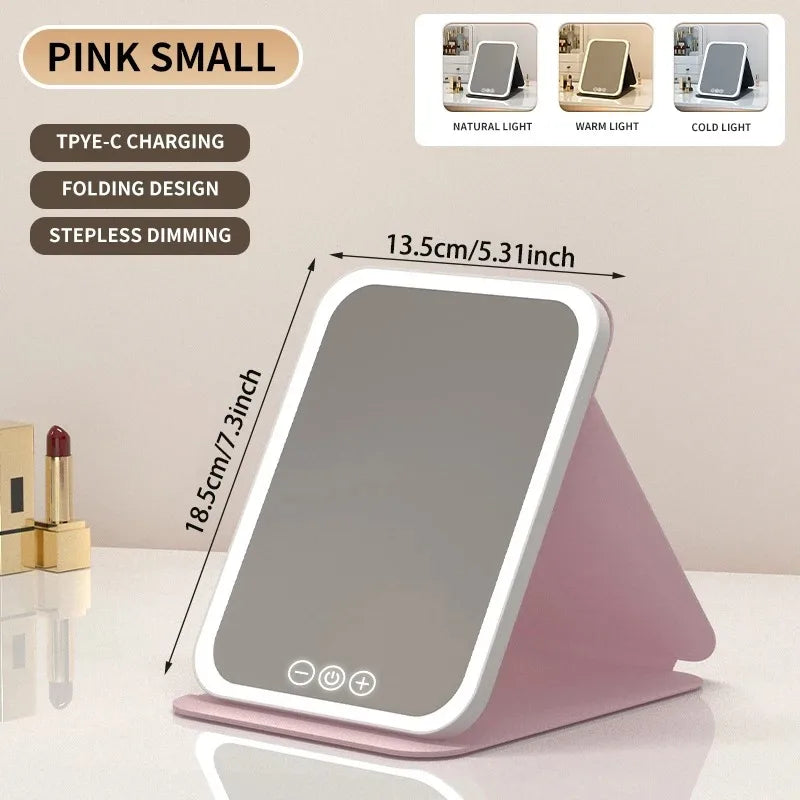 Miroir de Maquillage LED Tactile Pliant, Rose ou Blanc, 2 Tailles