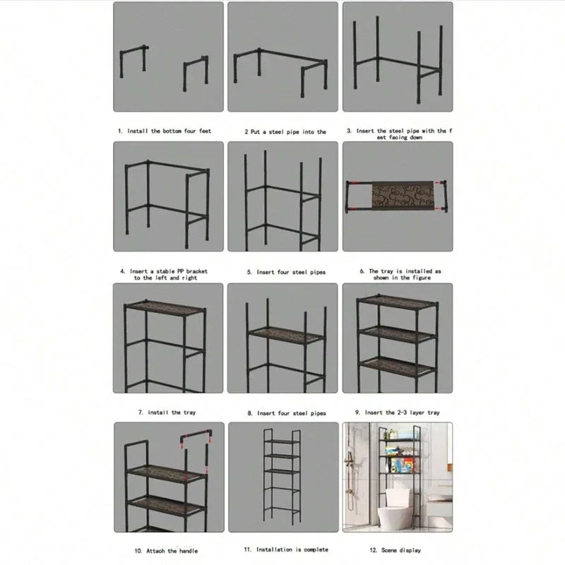 Étagère Dessus WC sur Pied Noir ou Blanc, 3 Plateaux, 155 cm