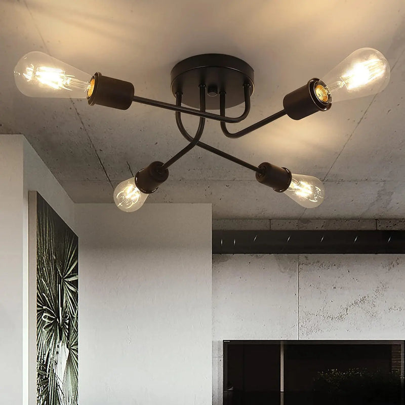 Plafonnier Cuisine Industriel Noir 3 ou 4 Lumières E27, Style Rétro