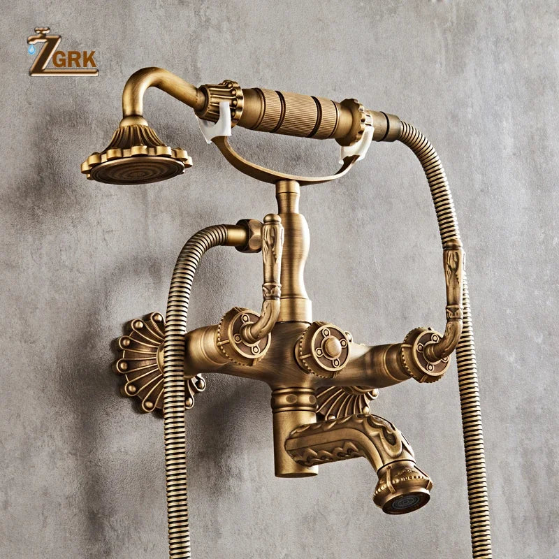 Robinet Baignoire Douche Rétro en Laiton Antique, avec Douchette