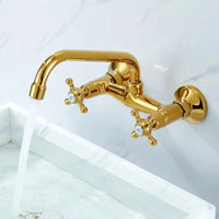Robinet Mural Lavabo à Croisillons en Laiton, Bec Haut Courbé, 3 Finitions