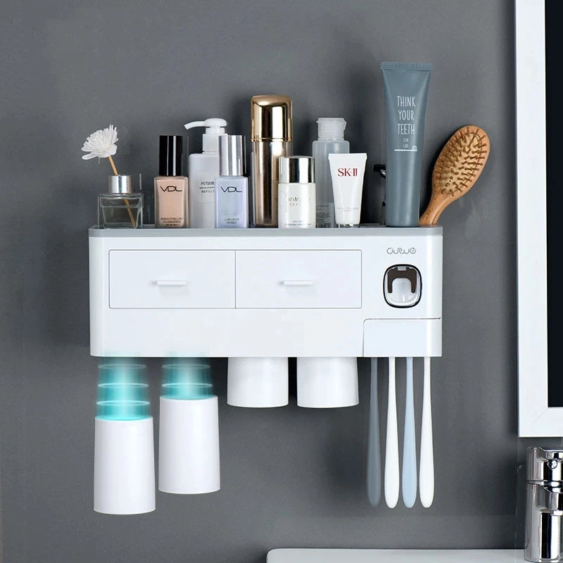 Porte-Brosse Mural Magnétique avec Tiroir et Distributeur de Dentifrice, 2 à 4 Gobelets