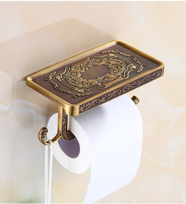 Porte-Papier Toilette Mural Vintage avec Tablette et Crochet Laiton Antique