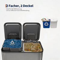 Poubelle Cuisine Inox Argenté 2 Bacs 15 L, 2 Pédales, Fermeture Douce