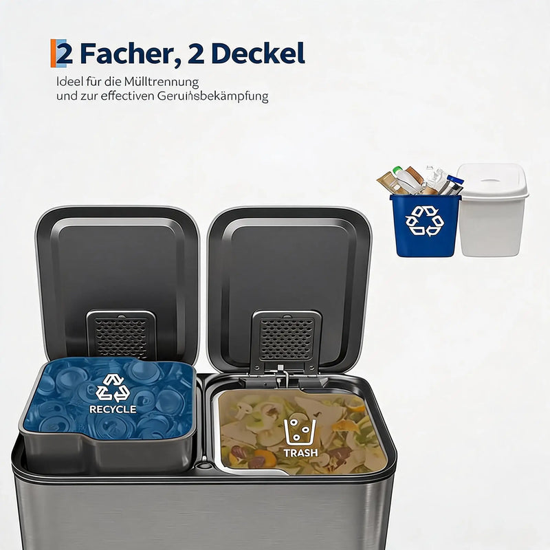 Poubelle Cuisine Inox Argenté 2 Bacs 15 L, 2 Pédales, Fermeture Douce