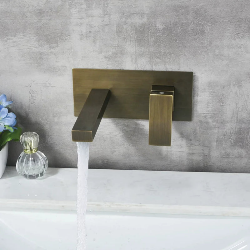 Robinet Mural Lavabo Bronze Antique à Platine, Bec Rond ou Carré
