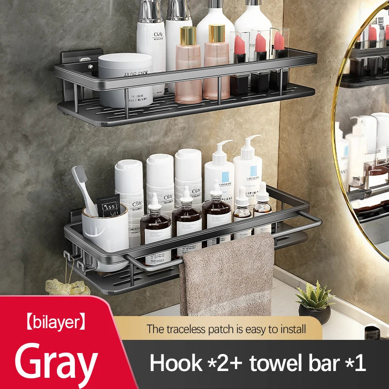 Étagère de Douche Inox Sans Perçage Adhésive Simple ou Double Niveau