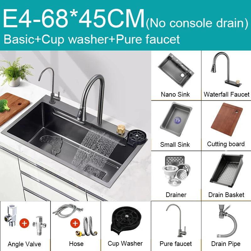 Évier de Cuisine Multifonction Cascade Noir avec Lave-Tasse
