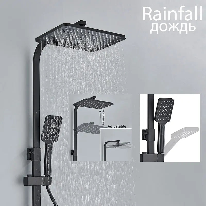 Colonne de Douche Réglable 73 à 116 cm avec Étagère, Noir, Chromé ou Doré