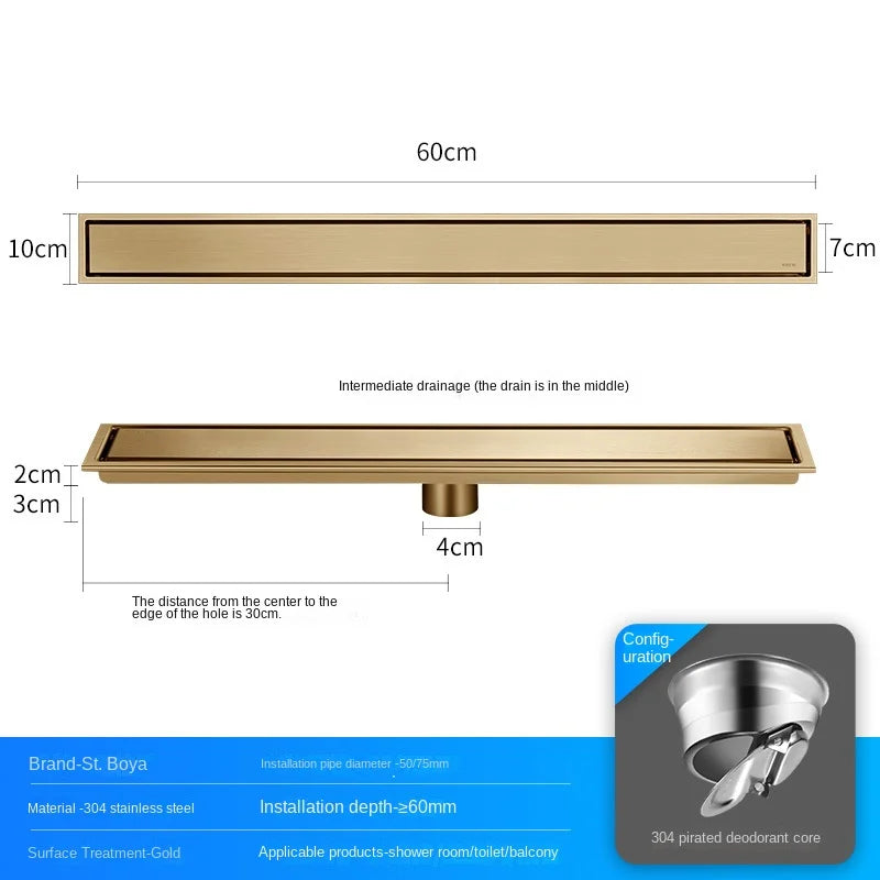 Caniveau de Douche Inox 304 Noir, Doré, Brossé, 20 à 60 cm