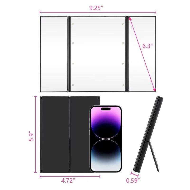 Miroir de Maquillage LED Pliant 3 Volets, Blanc, Noir ou Rose