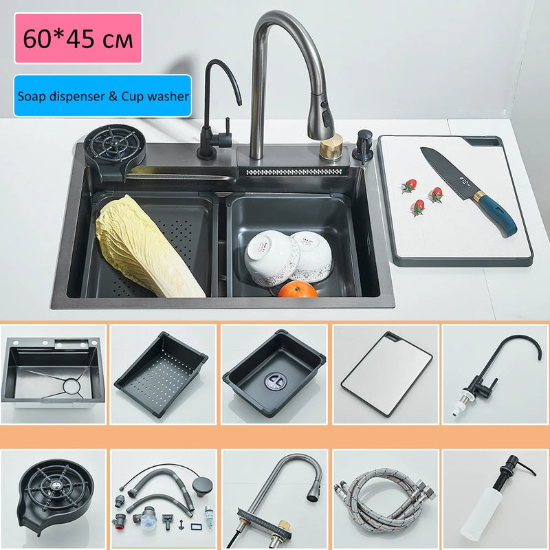 Évier de Cuisine Cascade Inox 304 avec Robinets, Lave-Verre et Afficheur