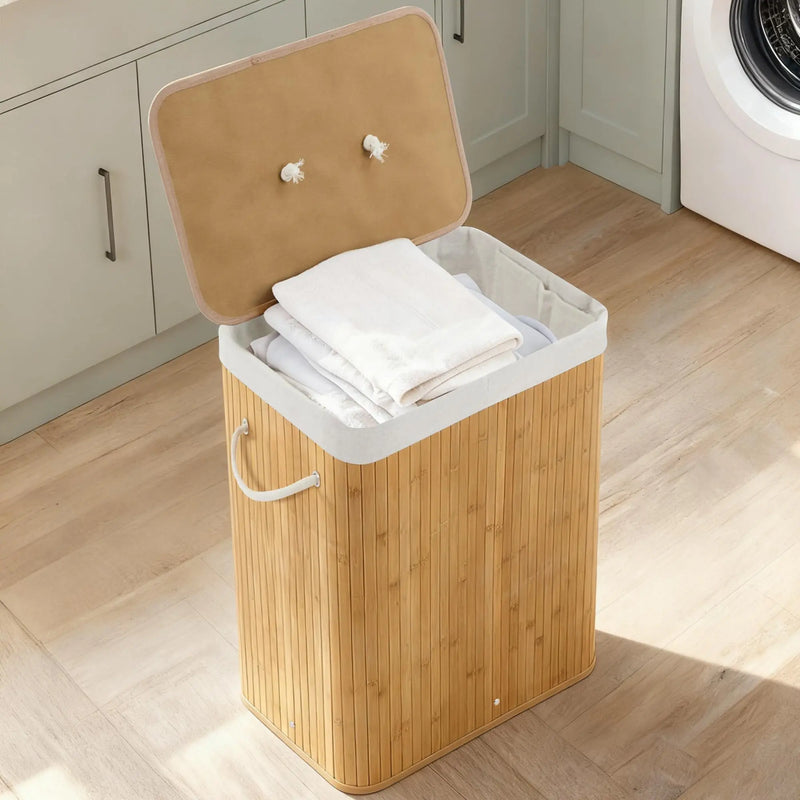 Panier à Linge Bambou 106 L, 4 Compartiments, Couvercle et Sac Amovible
