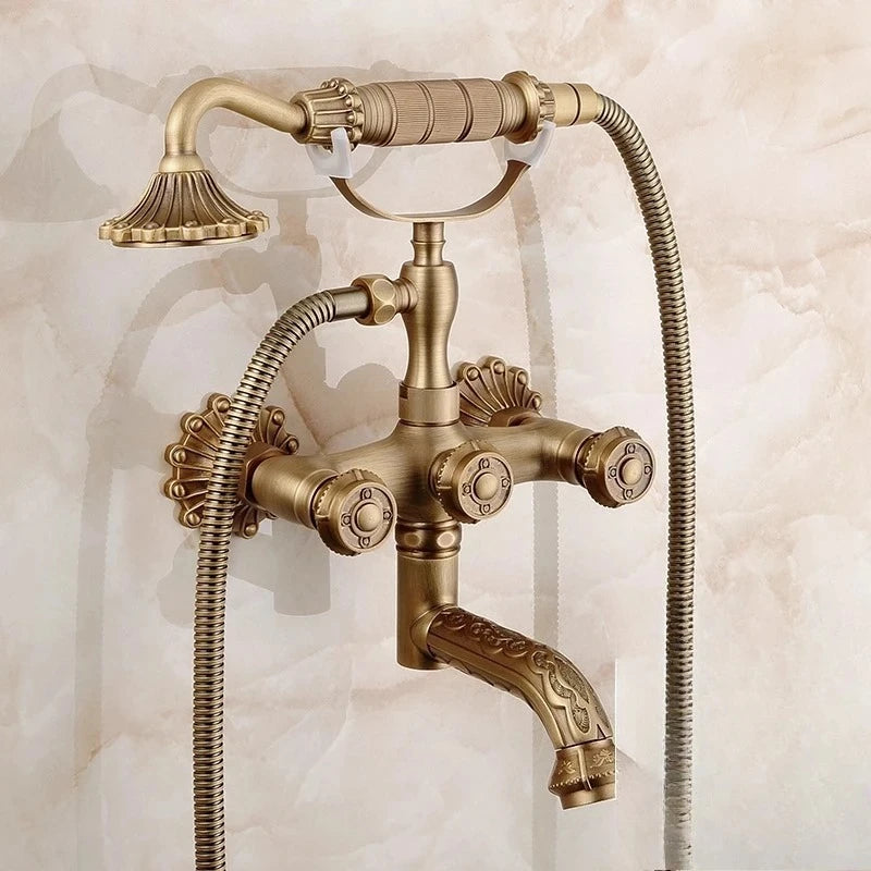 Robinet Baignoire Douche Rétro en Laiton Antique, avec Douchette