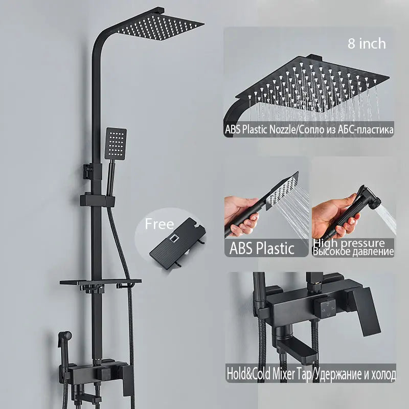 Colonne de Douche Réglable 73 à 116 cm avec Étagère, Noir, Chromé ou Doré