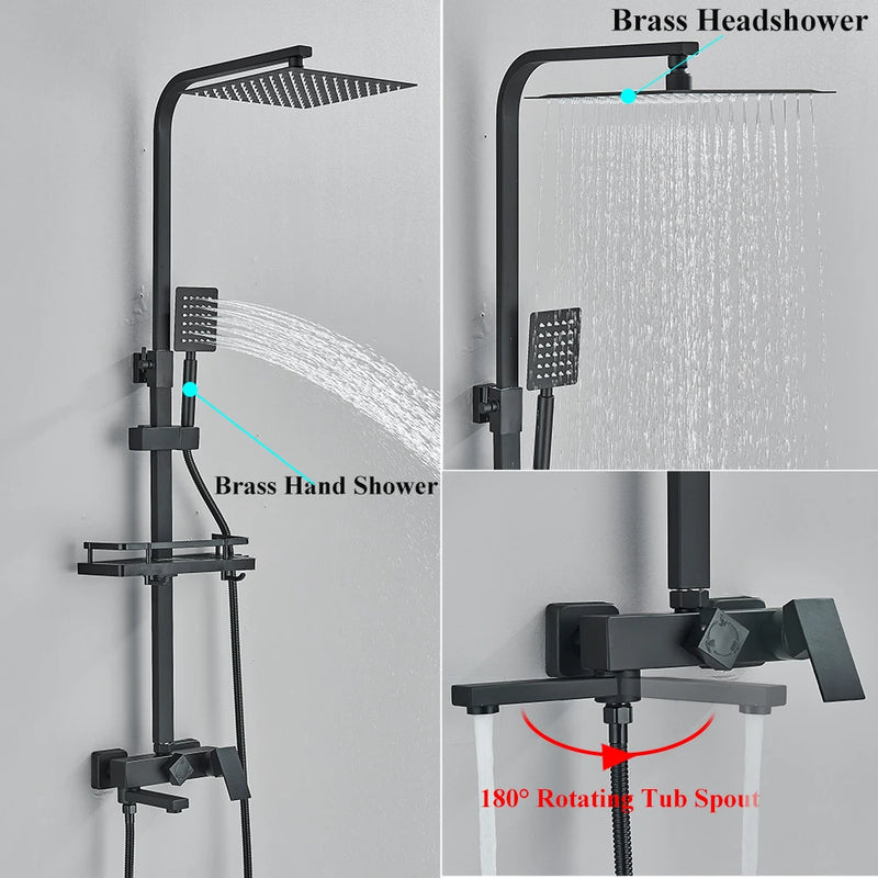 Colonne de Douche Carrée Laiton avec Étagère, Noir, Chromé ou Doré