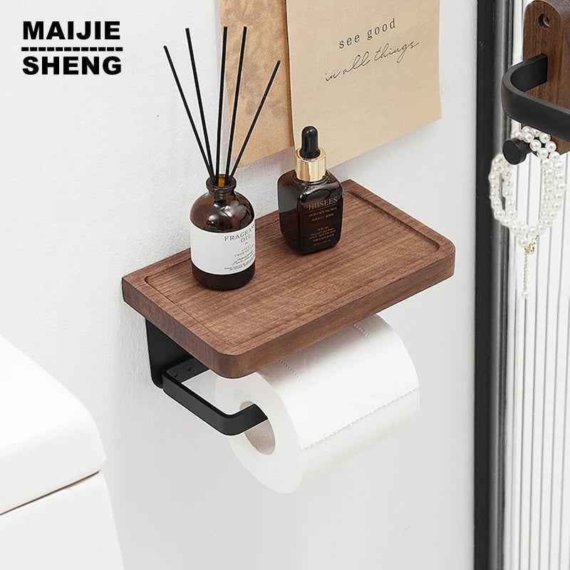 Porte-Papier Toilette Mural avec Tablette en Bois, Noir ou Blanc, 16 à 30 cm
