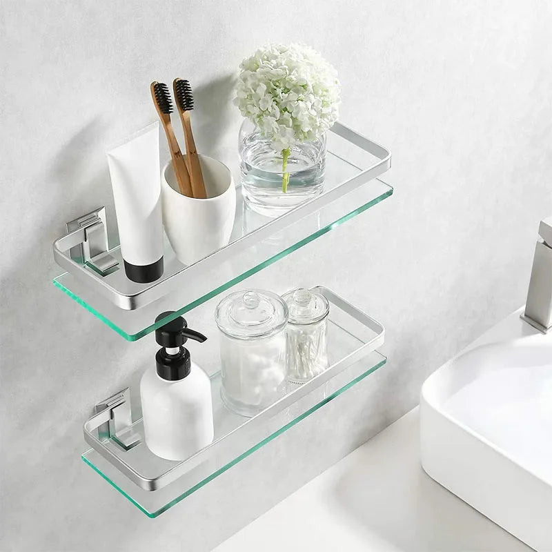 Étagère Salle de Bain Verre Trempé et Aluminium, 28,5 à 48,5 cm