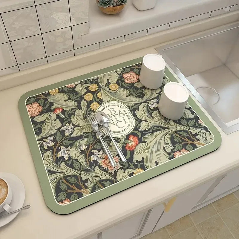 Tapis Égouttoir Vaisselle Diatomite Absorbant à Motifs Fleuris