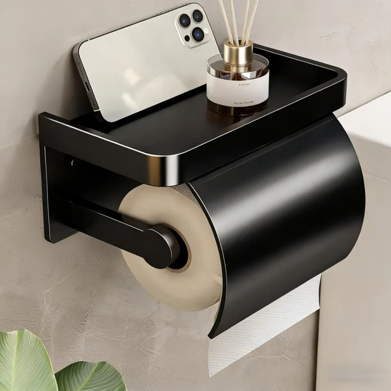 Porte-Papier Toilette Mural avec Tablette et Couvercle, Noir, Gris ou Argenté