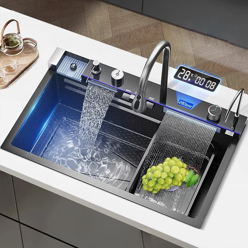 Évier de Cuisine Cascade et Pluie avec Robinet, 68 à 100 cm