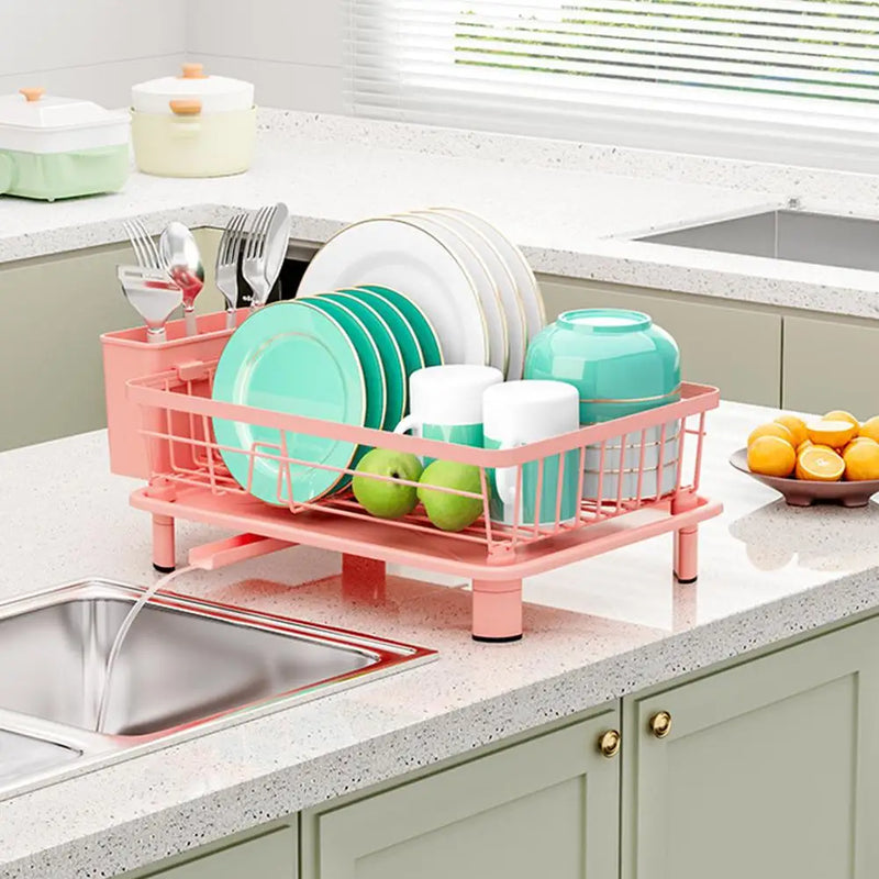 Égouttoir à Vaisselle Rose avec Porte-Couverts et Bec d'Écoulement