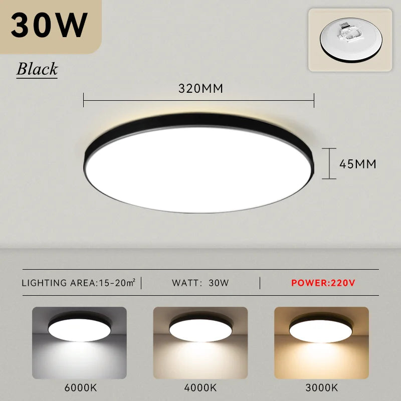 Plafonnier LED Salle de Bain Rond Ultra Plat IP65, Noir ou Blanc