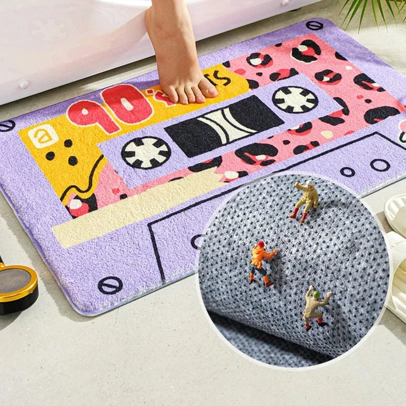 Tapis de Bain Cassette Rétro Antidérapant en Microfibre, 6 Motifs, 40 x 60 à 80 x 120 cm
