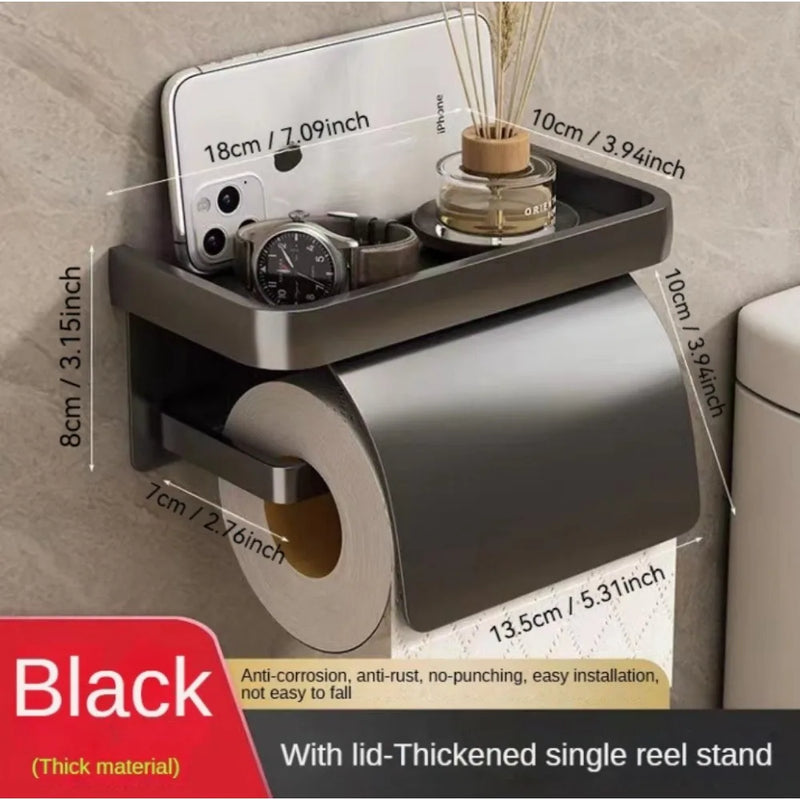 Porte-Papier Toilette Mural avec Tablette et Couvercle, Noir, Gris ou Argenté