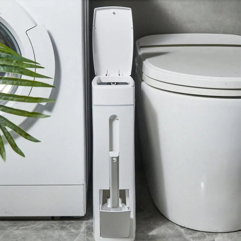 Poubelle Salle de Bain Étroite 4,5 L avec Brosse WC Intégrée, Blanche