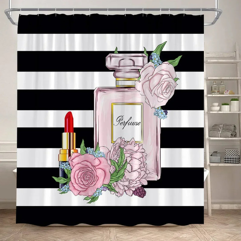 Rideau de Douche Flacon Parfum 180x180 cm et Tapis à la Pièce