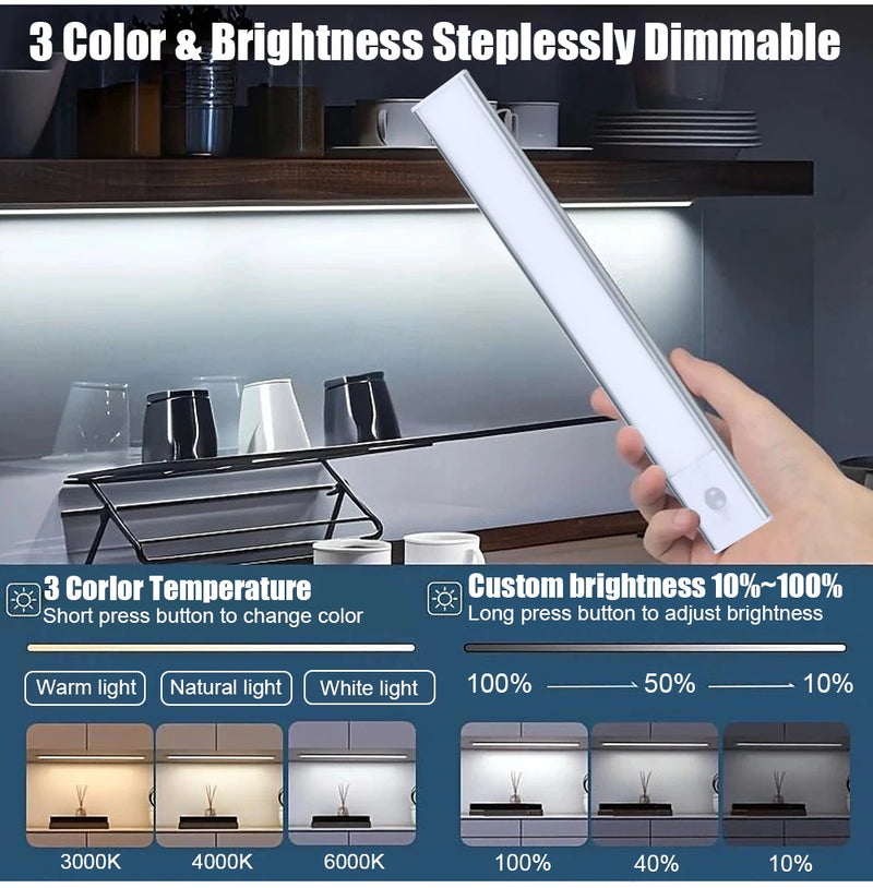 Réglette LED Sous Meuble Aluminium 3 Couleurs avec Détecteur de Mouvement