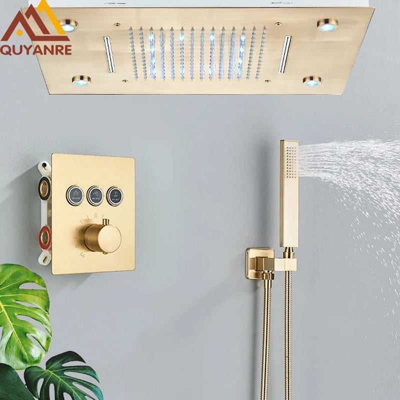 Douche Encastrable Thermostatique 3 Boutons, Plafond LED Pluie et Cascade