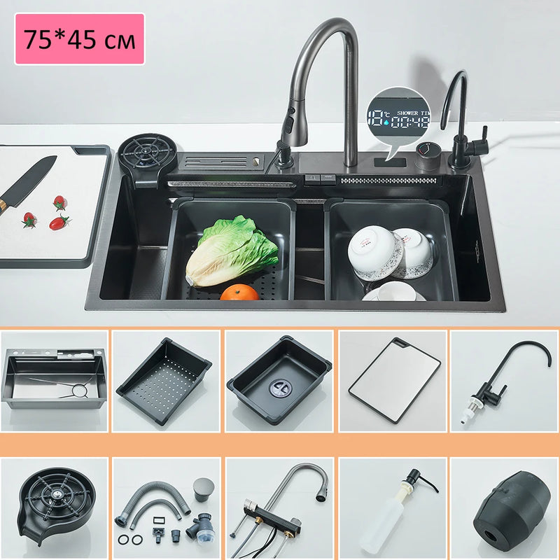 Évier de Cuisine Cascade Inox 304 avec Robinets, Lave-Verre et Afficheur