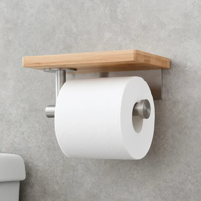 Porte-Papier Toilette Mural avec Tablette en Bois, Inox Noir ou Brossé