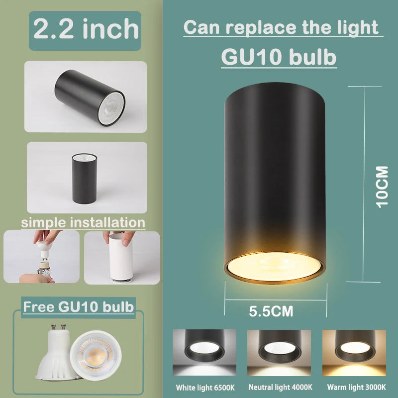Spot GU10 en Saillie Cuisine, Cylindre Fixe ou Orientable, Noir ou Blanc